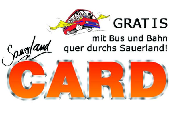 Das Logo der Sauerland Card für Bus und Bahn mit einem fliegenden Bus